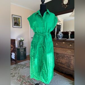 Green Cotton Shirt Dress Tie Waist Button Front Midi Dress Women XL